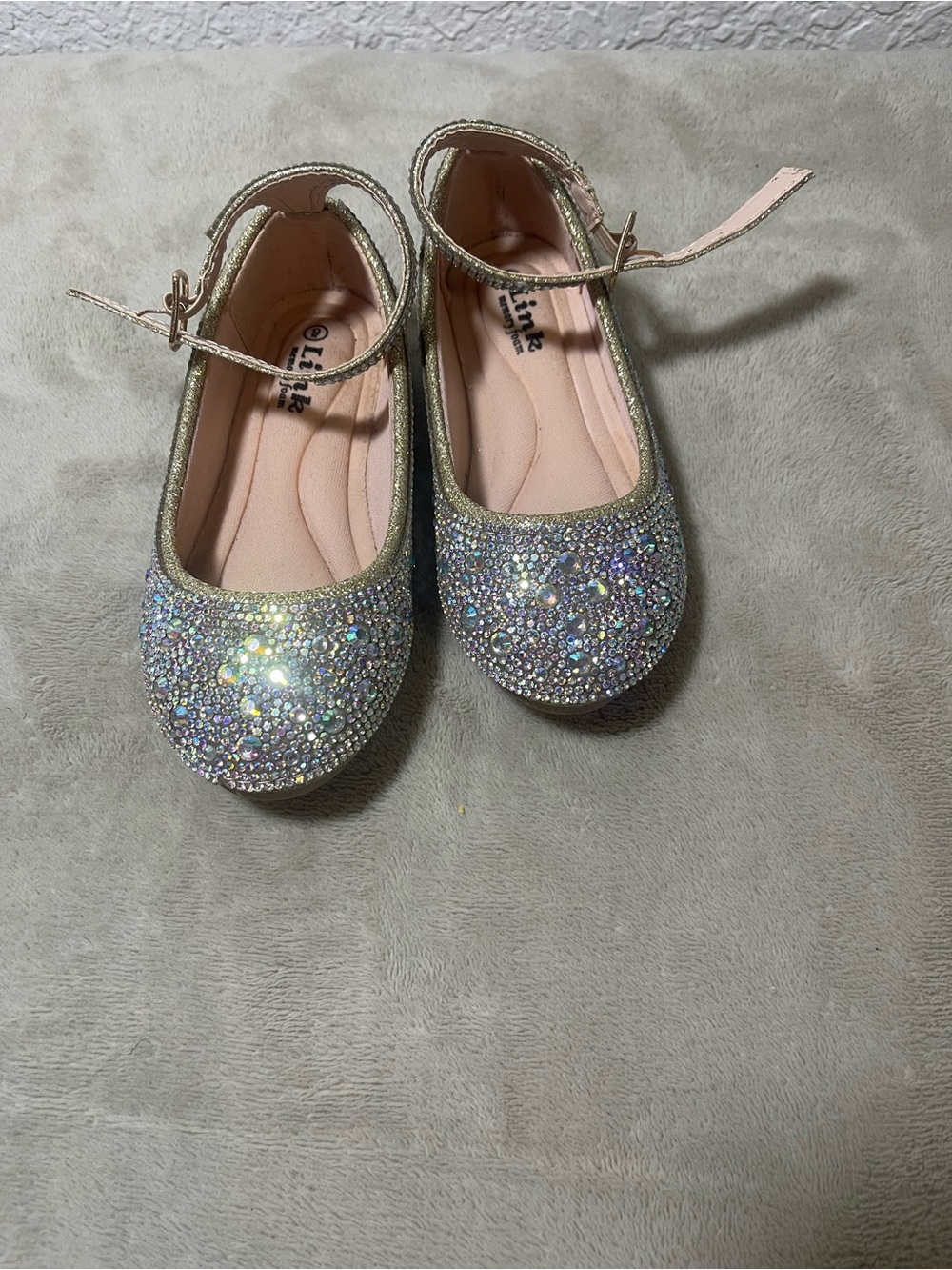 Link Girls' Glitter Crystal Ballet Flats with Ankle Strap - Pink & Silver